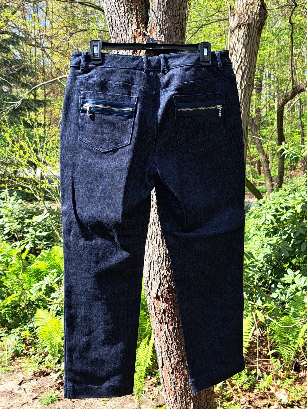 St. John Dark Indigo Straight-Leg Jeans with Back Zippers